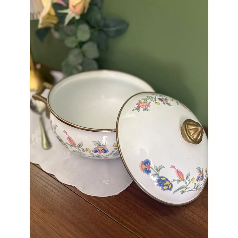 Vintage Floral Enamelware Dutch Oven White Pot with Lid Brass Handles